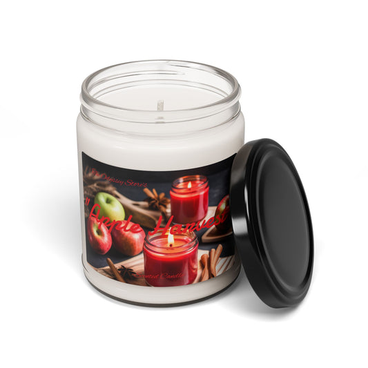 Apple Harvest scented candle in a glass jar with a lid and apple cinnamon design