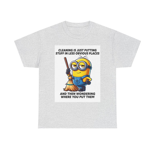 Gray T-Shirt featuring a Minion with a cleaning quote, perfect as a gift for minion fans